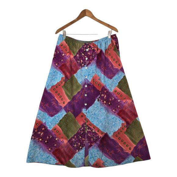 VTG Maggie Sweet Maxi Skirt Sz 1X Multicolor Patchwork Pull On Front Slit Boho - Picture 1 of 11